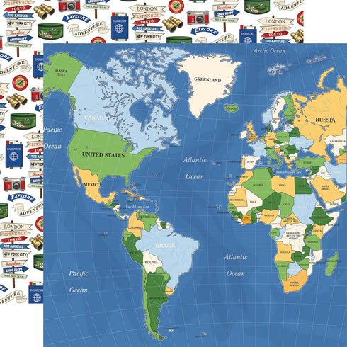 Travel Scrapbook Paper 12x12 - World Map Scrapbook Paper with Plane, Stamp, Luggage Design | Vacation Scrapbook Paper for Scrapbooking, Photo Albu...