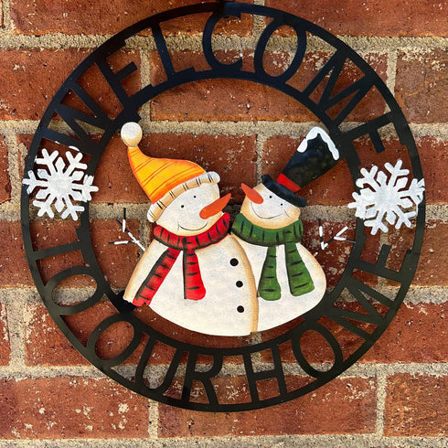 Welcome to Our Home Rustic Metal Snowmen Hanging Welcome Signs Wall Decor Front Door Wreaths Garden Fence Patio Porch Yard Winter Christmas Holida...