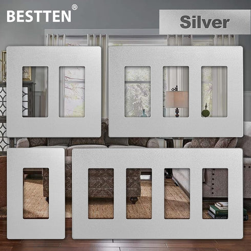 BESTTEN 5 Pack 3-Gang Signature Collection Silver Screwless Wall Plate, Decorator Outlet Cover, USWP8 Series, H4.69” x W6.54”, for Light Switch, D...