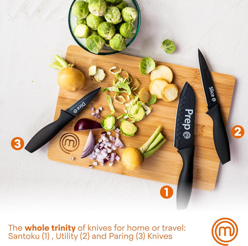 MasterChef Kitchen Knives Set of 3, Small Knife Set for Home Cooking, RV or Camping, Extra Sharp Cutting, Non Stick Coated Stainless Steel Blades ...