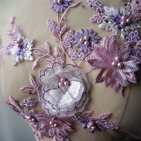 Lace Fabric 3D Flowers Appliques Beads Rhinestones Embroidery Sew Patch for DIY Wedding Decoration Dress (Pink+Purple)...