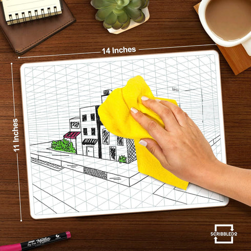SCRIBBLEDO 2 Point Perspective Grid 11”x14” Large Graph Dry Erase Board Double-Sided White Board Drawing Grid Lines Graphing Charts Whiteboard for...