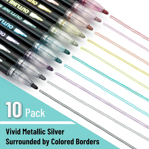 Mr. Pen- Double Line Outline Markers, 10 Colors, Shimmer Markers, Self-Outline Metallic Markers, Outline Pens, Craft Pens...