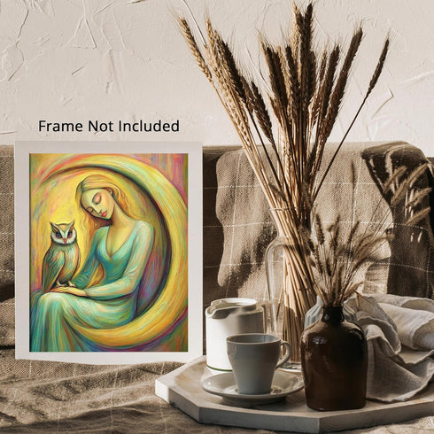 Posterizer 1 pcs-serene woman on crescent moon with an owl-oil painting style-2-Collectibles & Fine Art-Fantasy & Fiction Art-Decor for Home & Off...