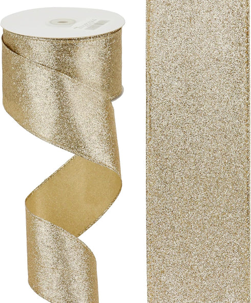MEEDEE Champagne Gold Ribbon Gold Wired Ribbon 2.5 Inch Metallic Ribbon by 25 Yards Gold Glitter Ribbon for Christmas Tree Champagne Christmas Rib...