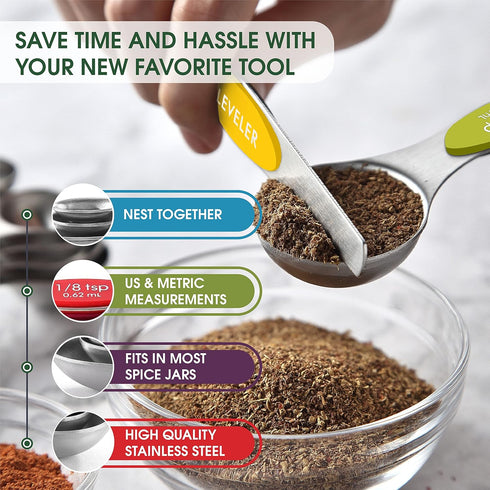 Spring Chef Stainless Steel Magnetic Measuring Spoons Set with Strong Magnets, Heavy Duty Metal Kitchen Essentials for New Home - Fits in Most Kit...