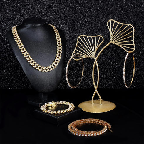 FINREZIO Cuban Link Chain Set for Women Silver Gold Thick Cuban Chain Necklace Bracelet Rhinestone Earrings Bling Clustered Heart Round Cuban Link...