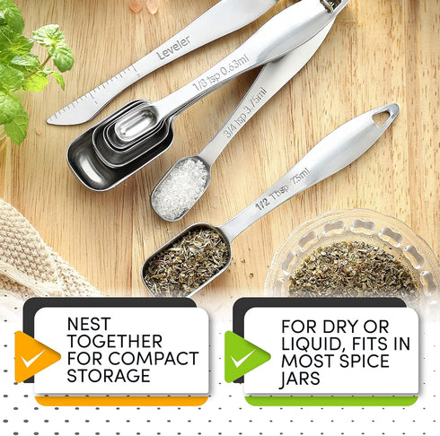 Spring Chef Stainless Steel Measuring Spoons Set of 8 with Leveler, Metal Teaspoon & Tablespoon Measuring Spoons for Dry & Liquid Ingredients, Fit...