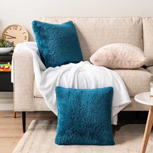 PAVILIA Fluffy Teal Blue Throw Pillow Covers, Decorative Accent Pillow Cases for Bed Sofa Couch, Soft Faux Fur Cushion Cover, Square Sherpa Pillow...