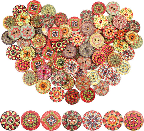 Wooden Buttons 100Pcs Round 2 Holes Old Fashioned Painted Flower for Sewing Crafting Colorful Patterns 0.78in...