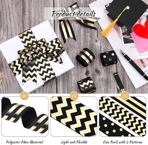 WILLBOND 3 Rolls 1-1/2 Inch Graduation Striped Ribbons Grosgrain Ribbons Dot Fabric Ribbon DIY Craft for School Graduation Gifts Wrapping Headband...