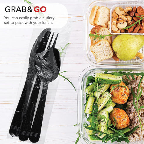 Party Essentials Individually Wrapped Black Plastic Cutlery Packets/Heavy Duty Silverware Kits, Fork/Spoon/Knife, 50 Sets...