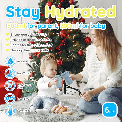 Silicone Parent-child Straw Cup, BPA Free Heat Resistant Resisit, Silicone Straw Baby Cups Set, Silicone Cup for Big Kids Toddlers (Ether)...
