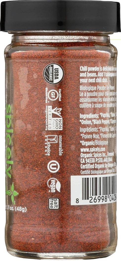 Spicely Organics Chili Powder 1.70 Ounce Jar Certified Gluten Free...