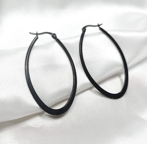 Stainless Steel Gold Thin and Flat Big Large Oval Spring loaded Hoop Earrings-black...
