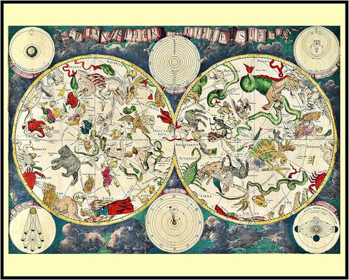 Posterizer 1 pcs-Map of the Skies With Mythological Creatures-Astrology & Zodiac Art-Astronomy & Celestial Art-Gift for Steampunk and Astrology Lo...