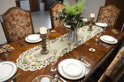 Embroidered Gold Daisy Fleur Latte Linen Table Runner or Dresser Scarf (16Wx45L)...
