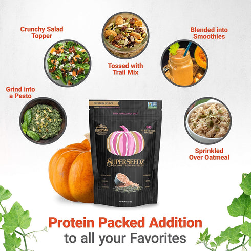 SuperSeedz Dry Roasted Pumpkin Seeds with Pink Himalayan Sea Salt - Pepitas, Whole 30, Vegan, Keto, 7g Plant Based Protein, Produced in USA, Nut F...