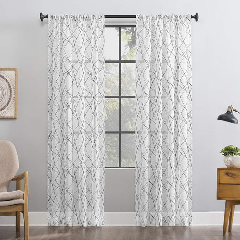 No. 918 Fraction 2-pack Mid-Century Modern Geometric Embroidery Semi-Sheer Rod Pocket Curtain Panel Pair, 50" x 84", Black...
