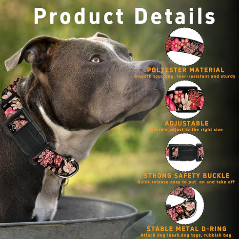 Dog Collar for Boys Girls, Floral Puppy Collar for Small Medium Large Dogs, Adjustable Soft Floral Pattern Pet Collar with Safety Buckle for Male ...