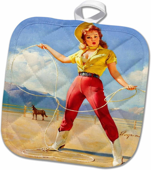 3D Rose Print of Elvgren Pinup Roping Cowgirl Pot Holder, 8 x 8...