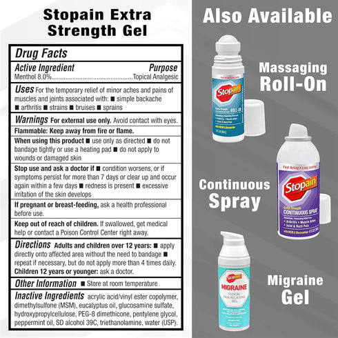 Stopain Pain Relief Gel 4oz USA Made, Max Strength Fast Acting with MSM, Glucosamine, Menthol for Lower Back Sciatica, Knee, Neck, HSA FSA Approve...