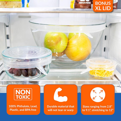 Modfamily Silicone Stretch Lids (7 pack, includes EXCLUSIVE XL SIZE), Reusable, Durable & Expandable to Fit Many Container Sizes & Shapes. Superio...