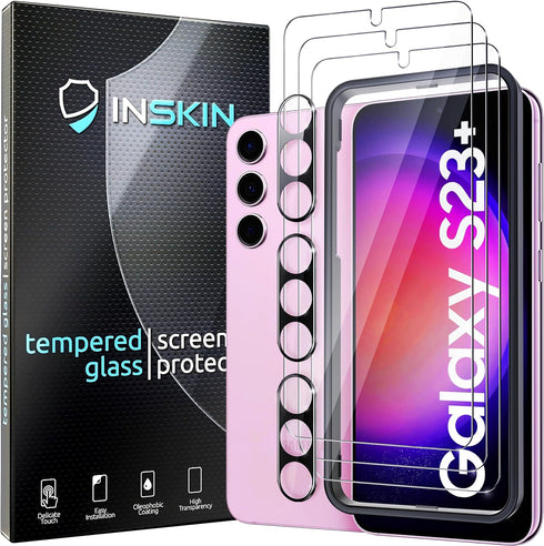 Inskin Screen Protector for Samsung Galaxy S23 Plus 5G (6.6 inch, 2023) - Ultimate 3+3 Tempered Glass Set with Camera Lens Guard and Auto Alignmen...