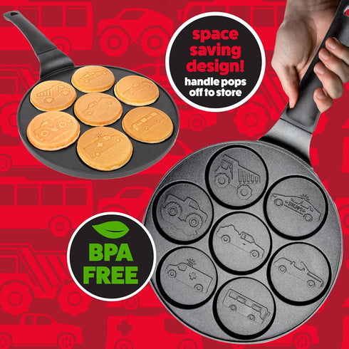 Car & Truck Mini Pancake Pan - Make 7 Unique Flapjack Cars, Nonstick Pan Cake Maker Griddle w Long Handle for Breakfast Fun & Easy Cleanup, Unique...