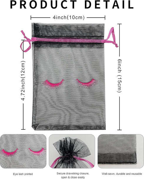 Jexila 100 Pack Eyelash Aftercare Bags Black Lash Bags for Clients Mesh Drawstring Makeup Cosmetic Sample Bags Eye Lash Print Beauty Gift Bag for ...