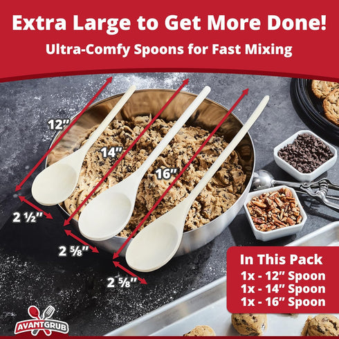 Pro Grade, Super Comfy Wooden Spoon, 3 Pc Set. Heavy Duty, Wood Spoons with Long Handles for Cooking, Baking, Stirring and Mixing in Restaurants o...