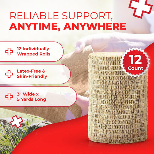 Ever Ready First Aid Self Adherent Cohesive Bandages 3" x 5 Yards - 12 Count, Tan...