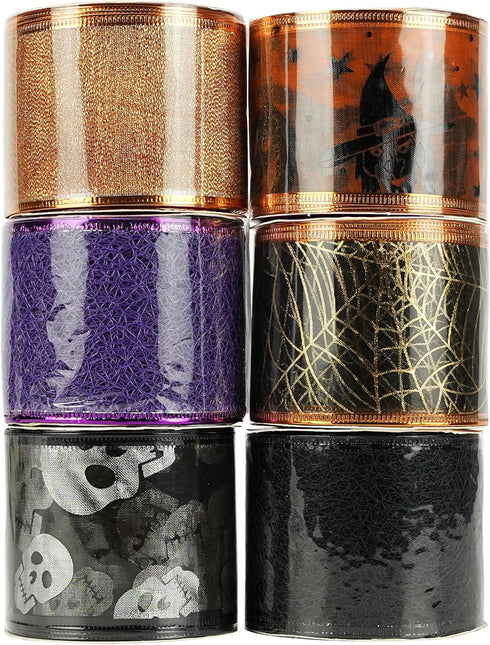 MEEDEE Halloween Ribbon - 6 Rolls, 36 Yards, Wired, Purple, Orange, Black, Skull Pattern...