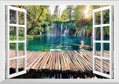 FLFK Fake Window Wall Mural - Waterfalls in The Jungle Faux Window Wall Sticker for Wall Decor, Stick and Peel Wall Decals,48"x32",Set of 2 Sheets...