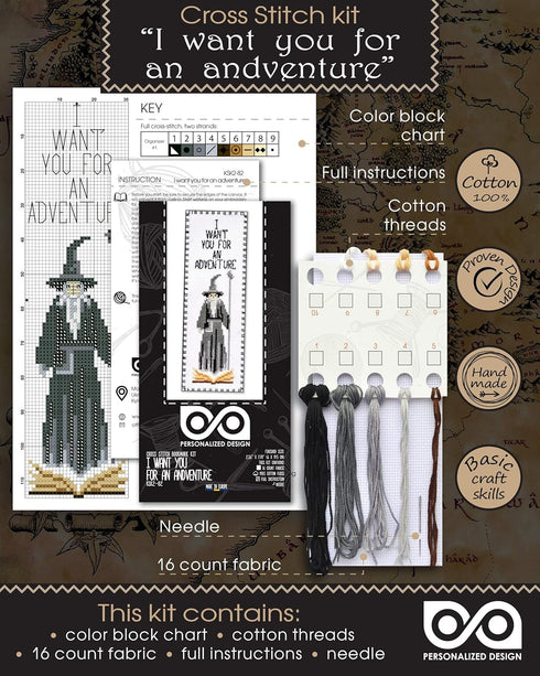Cross Stitch Kit 'Lord of The Rings: I Want You for an Adventure' - DIY Embroidery Bookmark with Gandalf's Pattern...