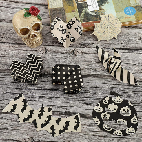 Whaline 12 Designs Halloween Pattern Paper Set A5 Size Beige Black Craft Paper 60 Sheet Spider Pumpkin Bat Witch Plaid Stripe Dot Origami Paper Do...