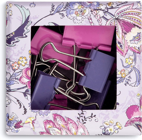 Vera Bradley Assorted Binder Paper Clip Set of 24, Includes Small and Large Paperwork Clamps with Desktop Organizer, Hummingbird Ditsy...