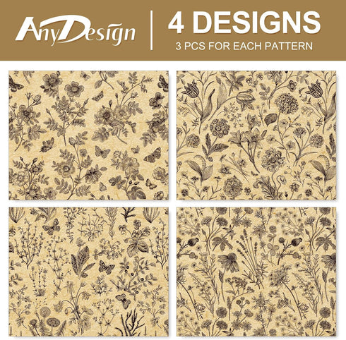 AnyDesign 12 Sheets Floral Kraft Wrapping Paper Spring Flower Butterfly Gift Wrap Paper Bulk Folded Flat 4 Designs Brown DIY Craft Art Paper for P...
