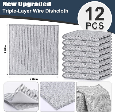 Navona 12 Pcs New Upgrade Steel Wire Dishcloth,Triple-Layer Steel Wire Cleaning Cloth,Powerful Cleaning Non-Scratch Wire Dishcloth Rag for Cookwar...