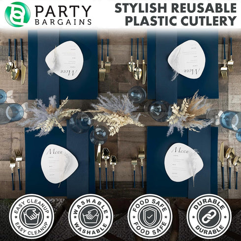 Party Bargains Disposable Plastic Navy Gold Salad Forks, Infinity Modern Design Utensils, 20 Pack...
