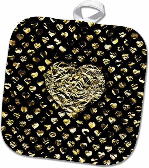 3D Rose Photo of Large Gold Effect Heart Background-Non Metallic Pot Holder, 8 x 8...