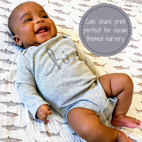 Swaddle Blanket | 100% Muslin Cotton | Newborn and Baby Nursery Essentials for Boys, Registry | Shark Print...