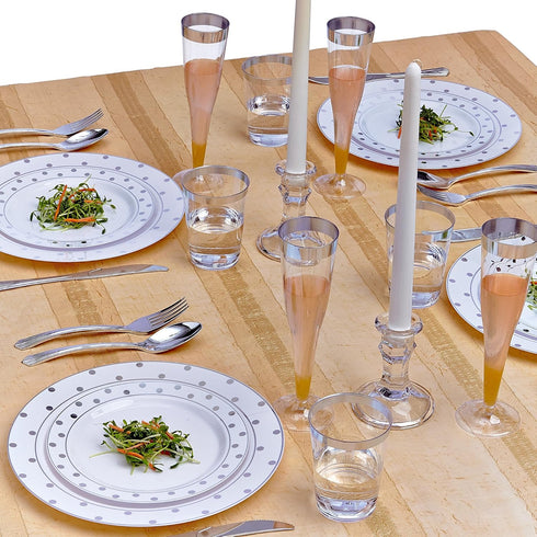 Silver Spoons Disposable Plates For Party - (20 Piece) Heavy Duty Disposable Dinner Set 7.5” , Fine Dining Plastic Dishes For Elegant China Look, ...