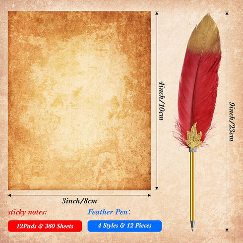 24 Pack Vintage Feather Pens and Sticky Notes Set 12 Pcs Feather Quill Ballpoint Pens Bulk 12 Pad 3x4 Sticky Notes Feather Pens Set for Writing Ki...