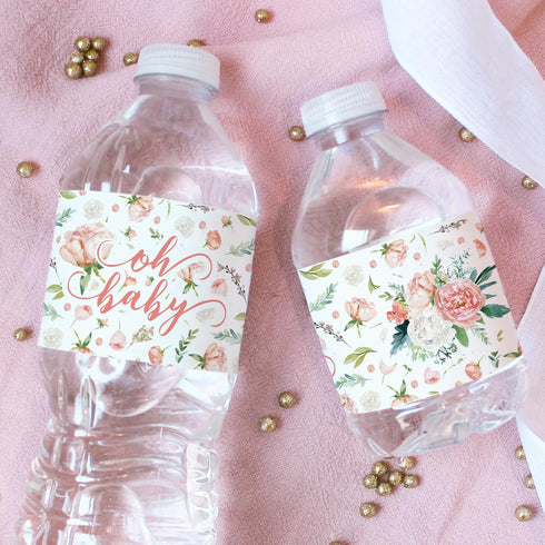 Baby in Bloom Baby Shower Water Bottle Labels, 20 Waterproof Stickers for Pink Floral Boho Girl Baby Shower...