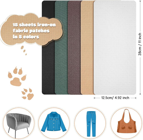 15 Sheets Iron-On Mending Fabric 4.92 x 11 Inch Clothes Patches Repair Kit for Fixing Couch Pants Pockets Holes Knees Elbow (Brown, Black, Dark Gr...