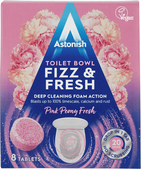 Astonish Foaming Pink Peony Toilet Bowl Cleaner - Deep Cleaning Limescale, Calcium & Rust - No Bottle, Removes Hard Stains - Box of 8 Tablets...