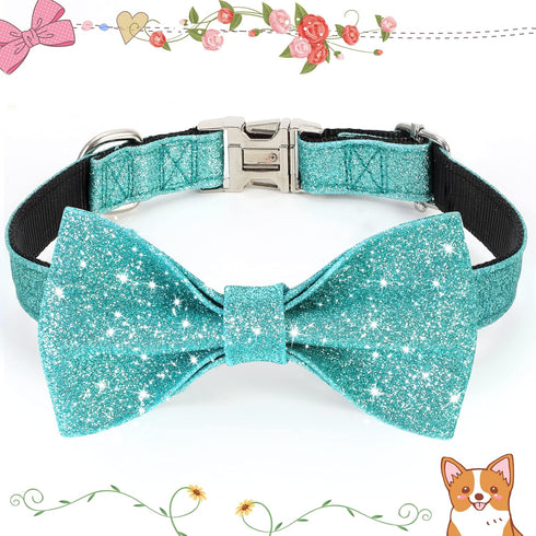 Bling Dog Bow Tie Collar for Puppy Small Medium Dogs, Cute Teal Boy Dog Collar with Bow for Daily Walking or Christmas Holiday (Neck fit 11-16’’)...