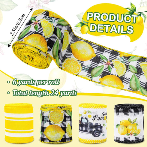 Lemon Wired Edge Ribbon 24 Yards Summer Yellow Lemons Truck Craft Ribbon Buffalo Plaids Farmhouse Fabric Ribbon for Wreath Bow Making DIY Crafts W...