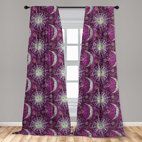 Lunarable Sun and Moon Window Curtains, Celestial Fantasy Composition with Constellations on Purple Backdrop, Lightweight Decor 2-Panel Set with R...